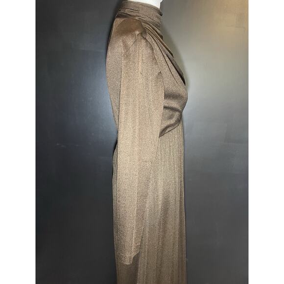 1970s Metallic Bronze Gown w/Draped High Neck/Long Sleeve Maxi–Talon Zipper - Picture 7 of 11